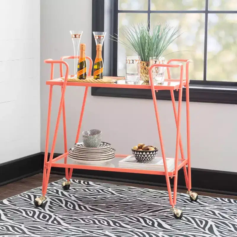 Mid-Century Modern Bar Cart with Wheels and Storage Shelves