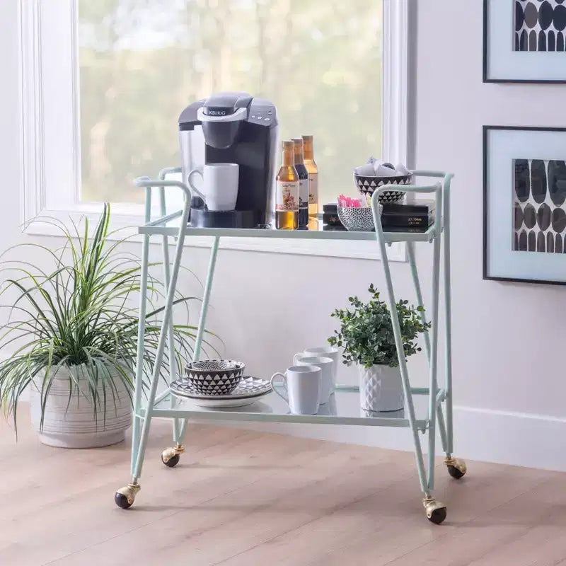 Mid-Century Modern Bar Cart with Wheels and Storage Shelves