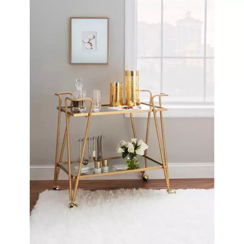 Mid-Century Modern Bar Cart with Wheels and Storage Shelves