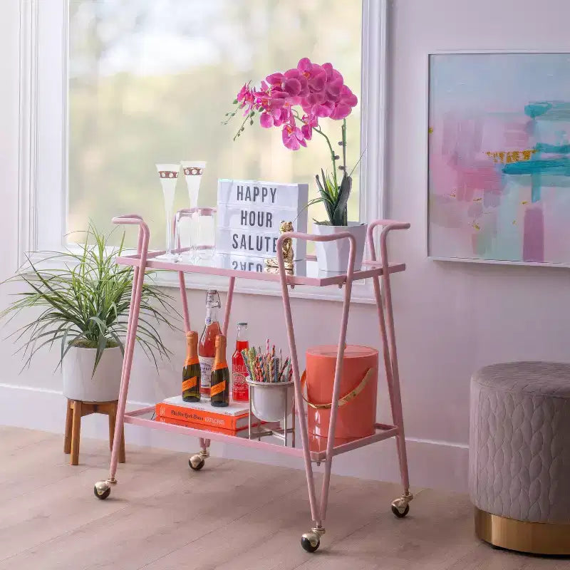 Mid-Century Modern Bar Cart with Wheels and Storage Shelves