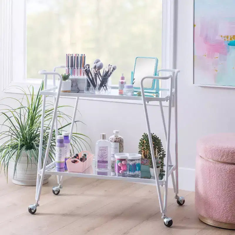 Mid-Century Modern Bar Cart with Wheels and Storage Shelves