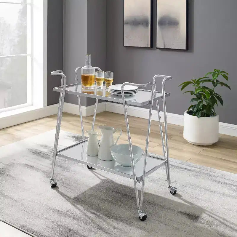 Mid-Century Modern Bar Cart with Wheels and Storage Shelves