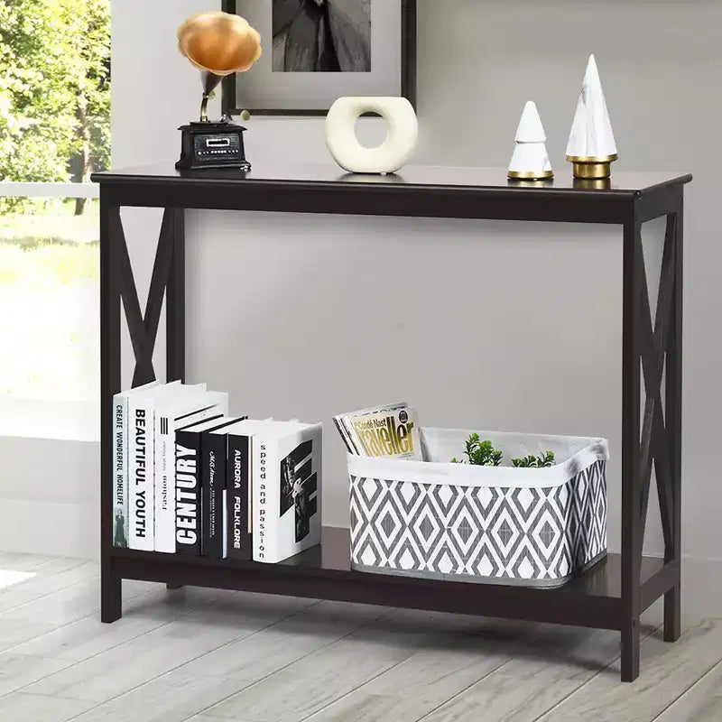 2-Tier Console Table X-Design Bookshelf Sofa Side Accent Table with Shelf - White/Black/Espresso/Wood Grain