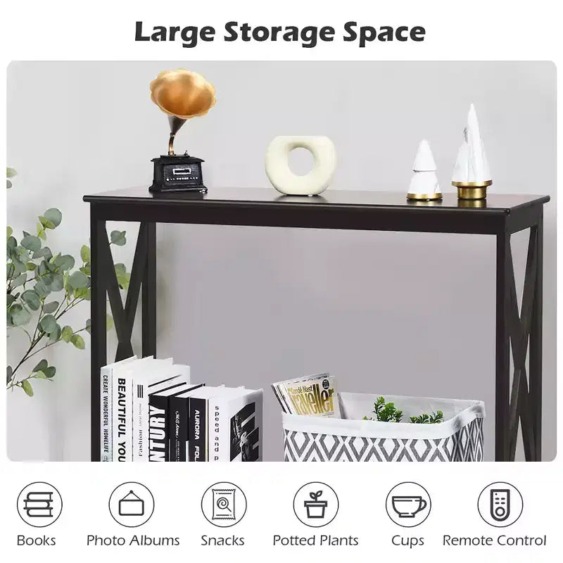 2-Tier Console Table X-Design Bookshelf Sofa Side Accent Table with Shelf - White/Black/Espresso/Wood Grain