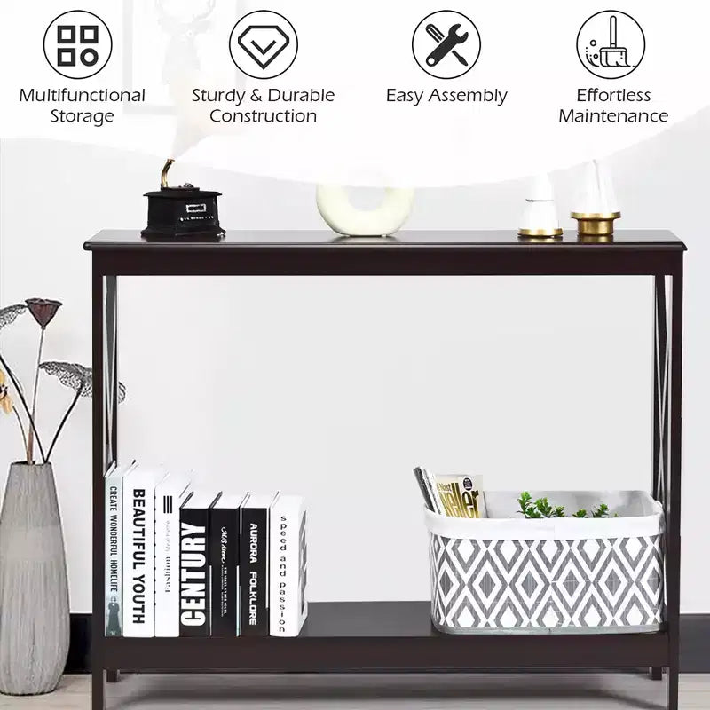 2-Tier Console Table X-Design Bookshelf Sofa Side Accent Table with Shelf - White/Black/Espresso/Wood Grain