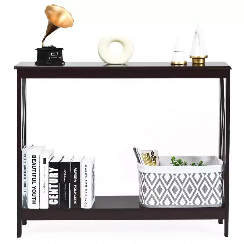 2-Tier Console Table X-Design Bookshelf Sofa Side Accent Table with Shelf - White/Black/Espresso/Wood Grain
