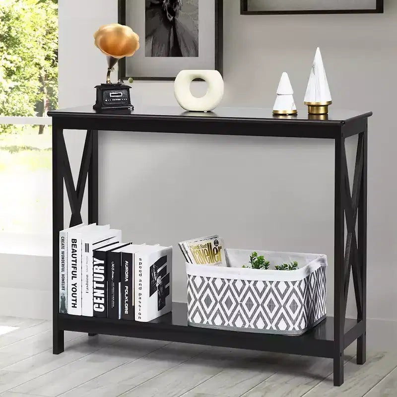 2-Tier Console Table X-Design Bookshelf Sofa Side Accent Table with Shelf - White/Black/Espresso/Wood Grain