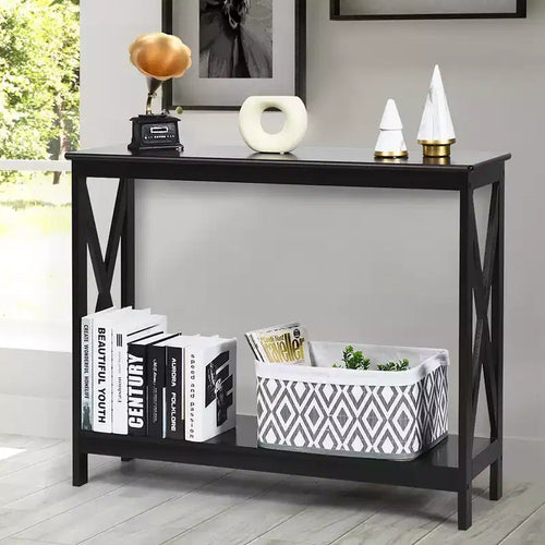 2-Tier Console Table X-Design Bookshelf Sofa Side Accent Table with Shelf - White/Black/Espresso/Wood Grain