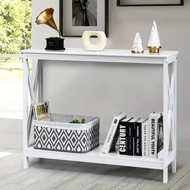 2-Tier Console Table X-Design Bookshelf Sofa Side Accent Table with Shelf - White/Black/Espresso/Wood Grain