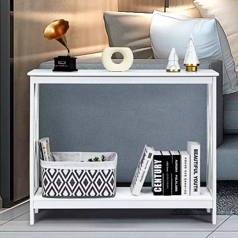 2-Tier Console Table X-Design Bookshelf Sofa Side Accent Table with Shelf - White/Black/Espresso/Wood Grain