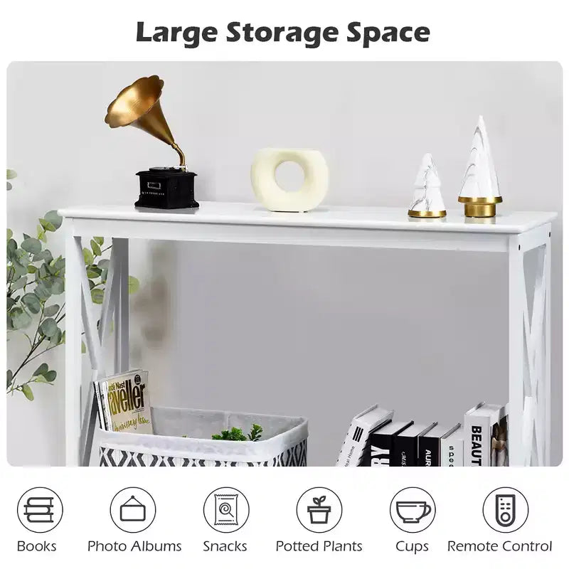 2-Tier Console Table X-Design Bookshelf Sofa Side Accent Table with Shelf - White/Black/Espresso/Wood Grain