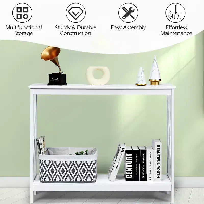 2-Tier Console Table X-Design Bookshelf Sofa Side Accent Table with Shelf - White/Black/Espresso/Wood Grain