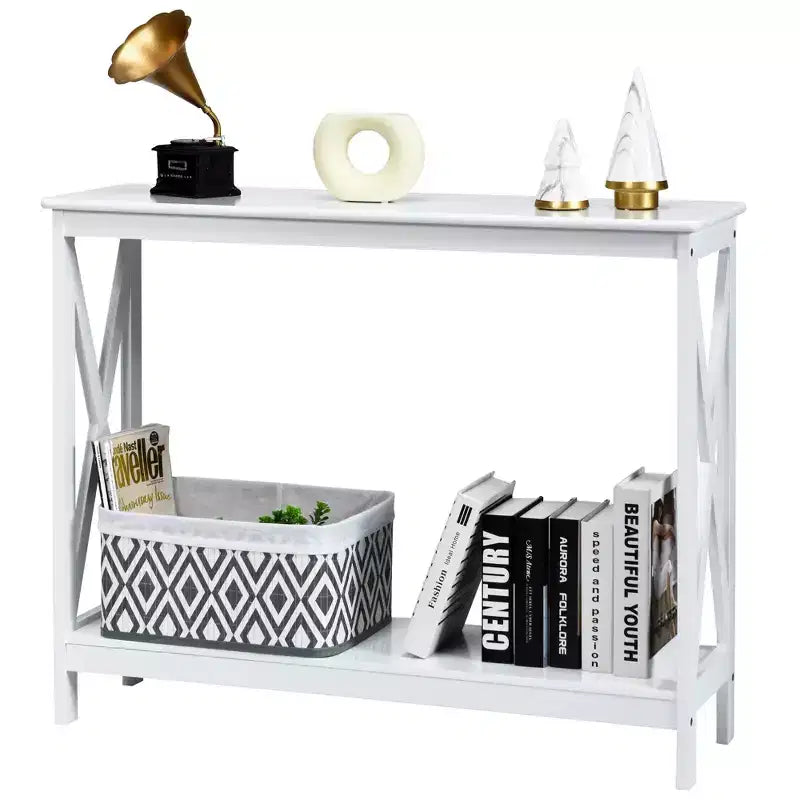 2-Tier Console Table X-Design Bookshelf Sofa Side Accent Table with Shelf - White/Black/Espresso/Wood Grain