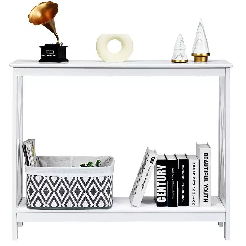 2-Tier Console Table X-Design Bookshelf Sofa Side Accent Table with Shelf - White/Black/Espresso/Wood Grain