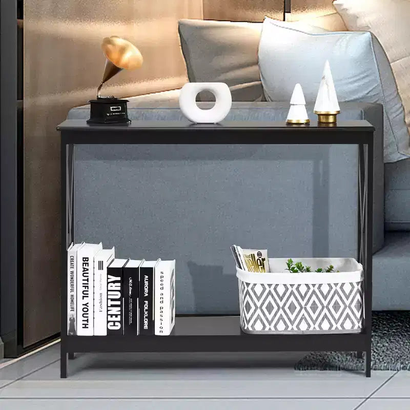 2-Tier Console Table X-Design Bookshelf Sofa Side Accent Table with Shelf - White/Black/Espresso/Wood Grain