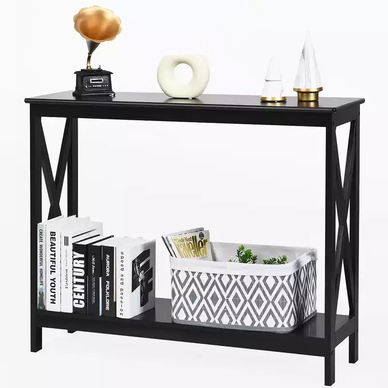 2-Tier Console Table X-Design Bookshelf Sofa Side Accent Table with Shelf - White/Black/Espresso/Wood Grain