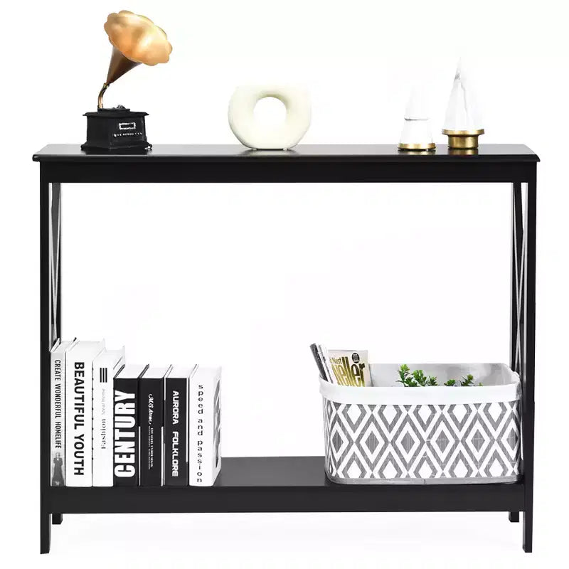 2-Tier Console Table X-Design Bookshelf Sofa Side Accent Table with Shelf - White/Black/Espresso/Wood Grain
