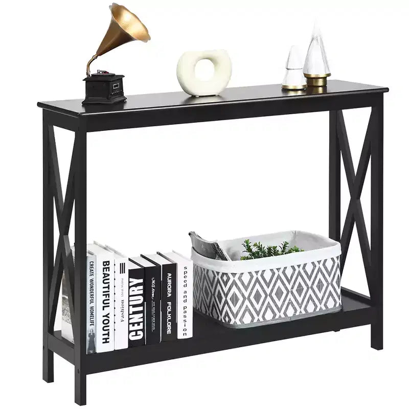 2-Tier Console Table X-Design Bookshelf Sofa Side Accent Table with Shelf - White/Black/Espresso/Wood Grain
