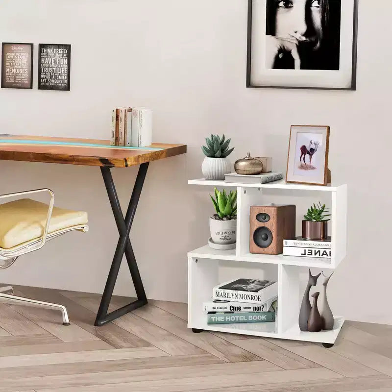 Costway 2-Tier S-Shaped Bookshelf Bookcase Storage Rack Display Shelf with Thick Foot Mats