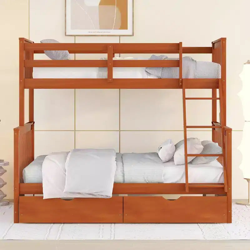 Twin over Full Bunk Bed with Built-in Ladder & Drawers, Pine Wood & MDF Bed Frame, Convertible into Two Beds - ModernLuxe