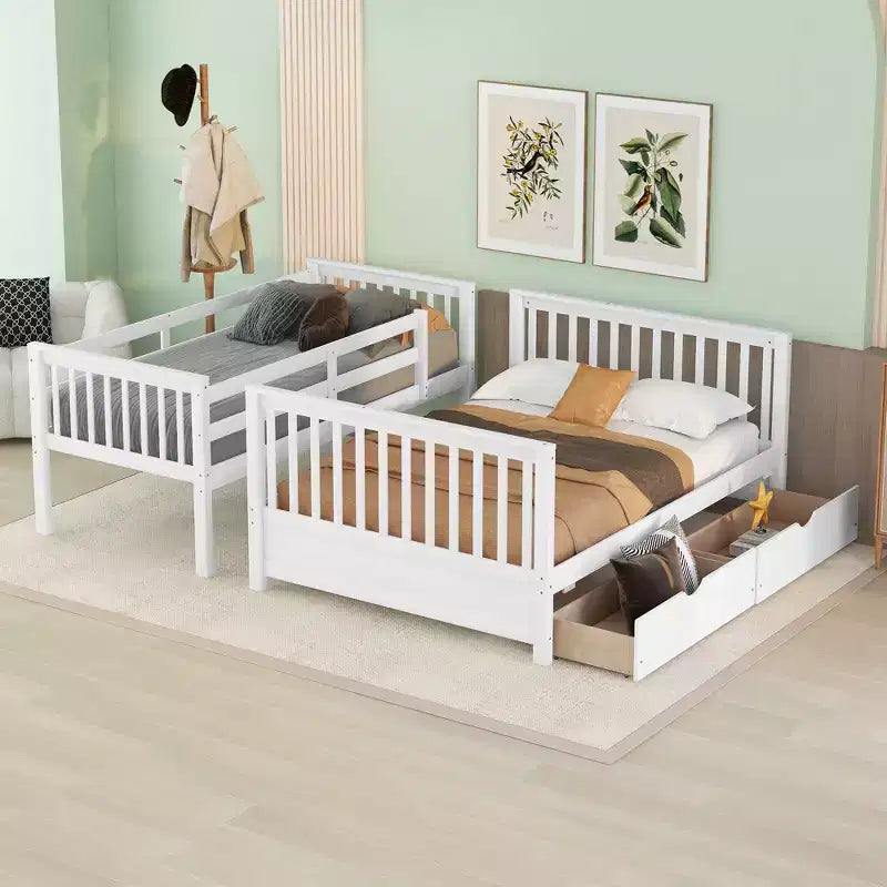 Twin over Full Bunk Bed with Built-in Ladder & Drawers, Pine Wood & MDF Bed Frame, Convertible into Two Beds - ModernLuxe