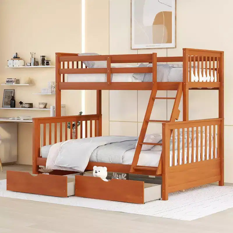 Twin over Full Bunk Bed with Built-in Ladder & Drawers, Pine Wood & MDF Bed Frame, Convertible into Two Beds - ModernLuxe