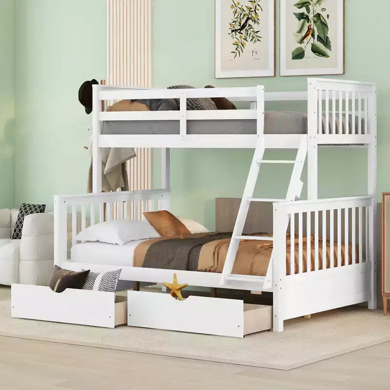 Twin over Full Bunk Bed with Built-in Ladder & Drawers, Pine Wood & MDF Bed Frame, Convertible into Two Beds - ModernLuxe
