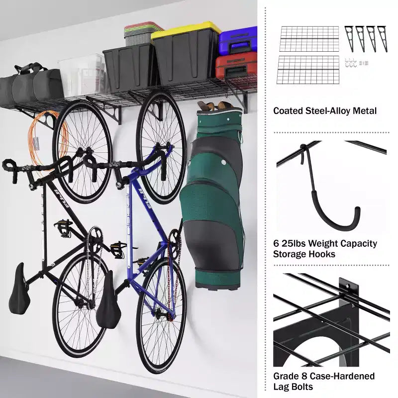 Heavy Duty Bike Rack with 6 Hooks - Stores up to 4 Bikes